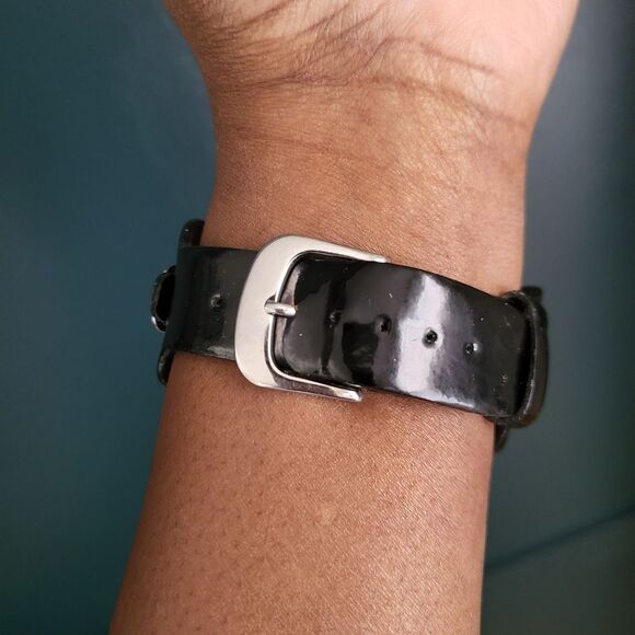 Vintage Guess Black Wide Double Buckle Black Silver Patent Leather Watch